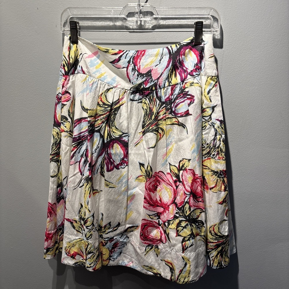 CAbi Skirt Womens Ivory Floral‎ A-Line Skater Cottagecore Casual Pleated Sz2